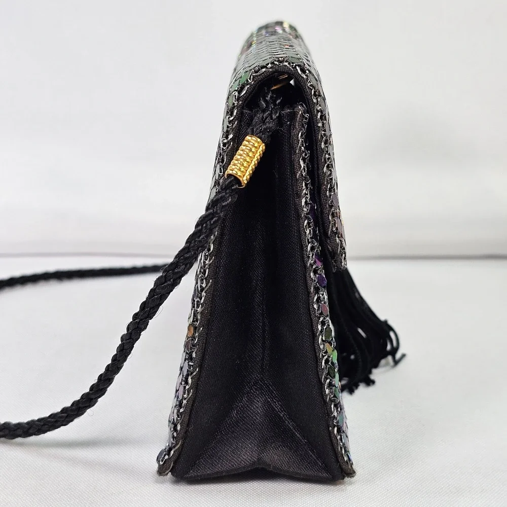 Apri Nights Iridescent Metal Mesh Crossbody Bag‎ Oil Slick Tassel Evening Clutch